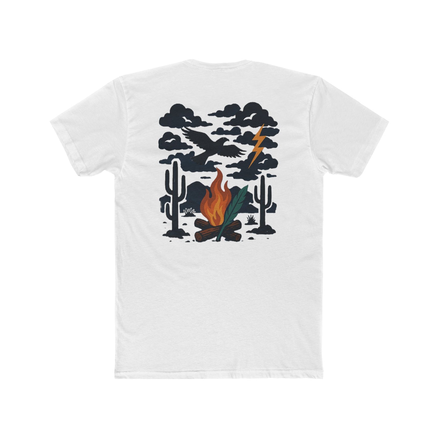 White t-shirt with graphic of clouds, lightning, bird, a campfire, cacti in a desert landscape #white