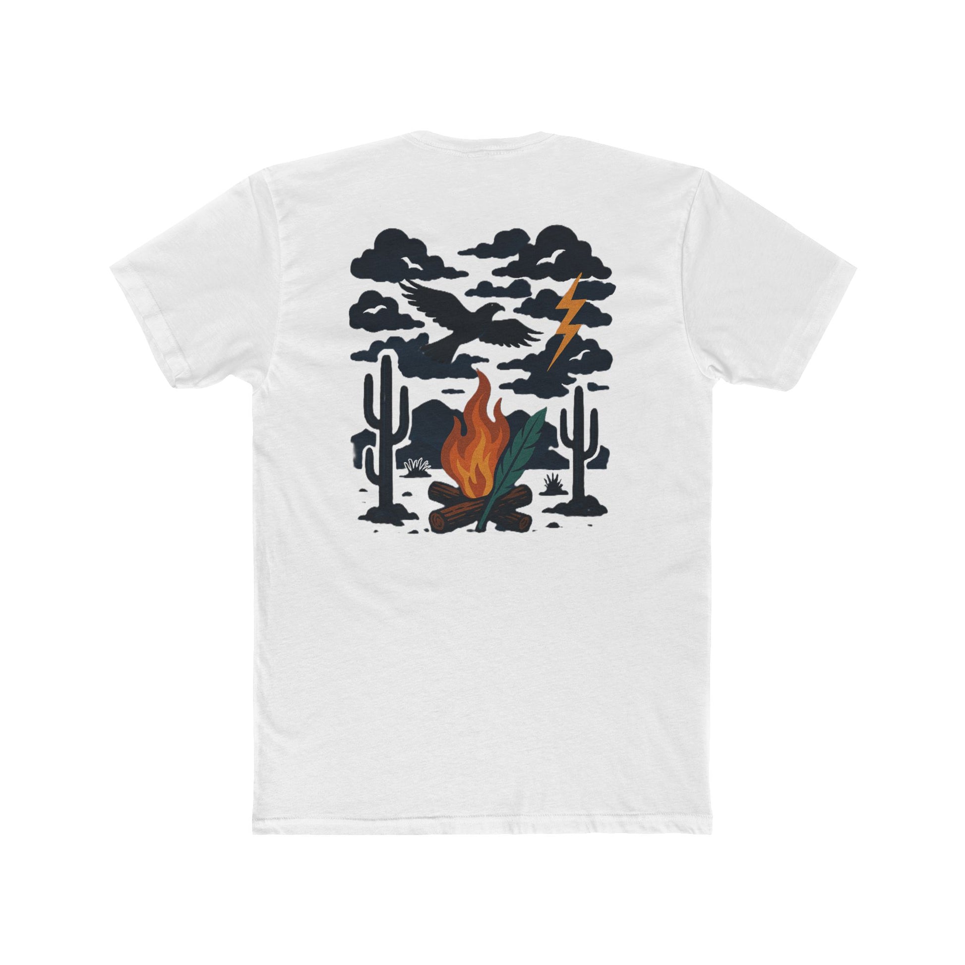 White t-shirt with graphic of clouds, lightning, bird, a campfire, cacti in a desert landscape #white