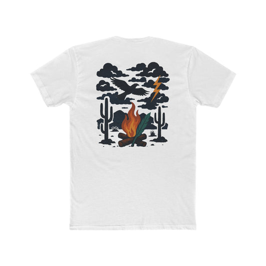 White t-shirt with graphic of clouds, lightning, bird, a campfire, cacti in a desert landscape #white