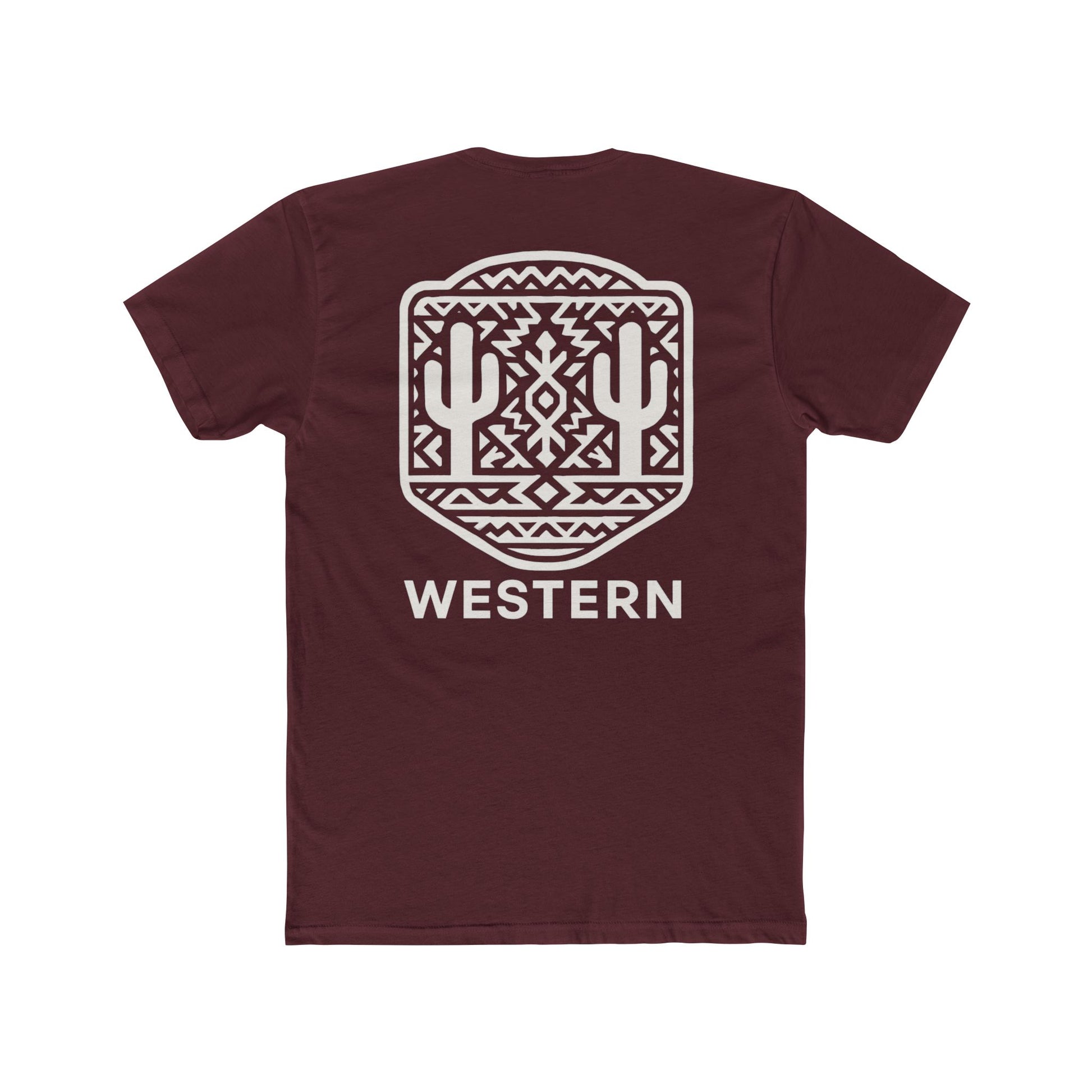 Maroon t-shirt with aztec pattern and cacti inside a geometric border with word western across the bottom #maroon