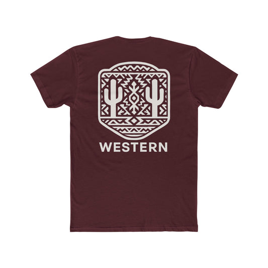 Maroon t-shirt with aztec pattern and cacti inside a geometric border with word western across the bottom #maroon
