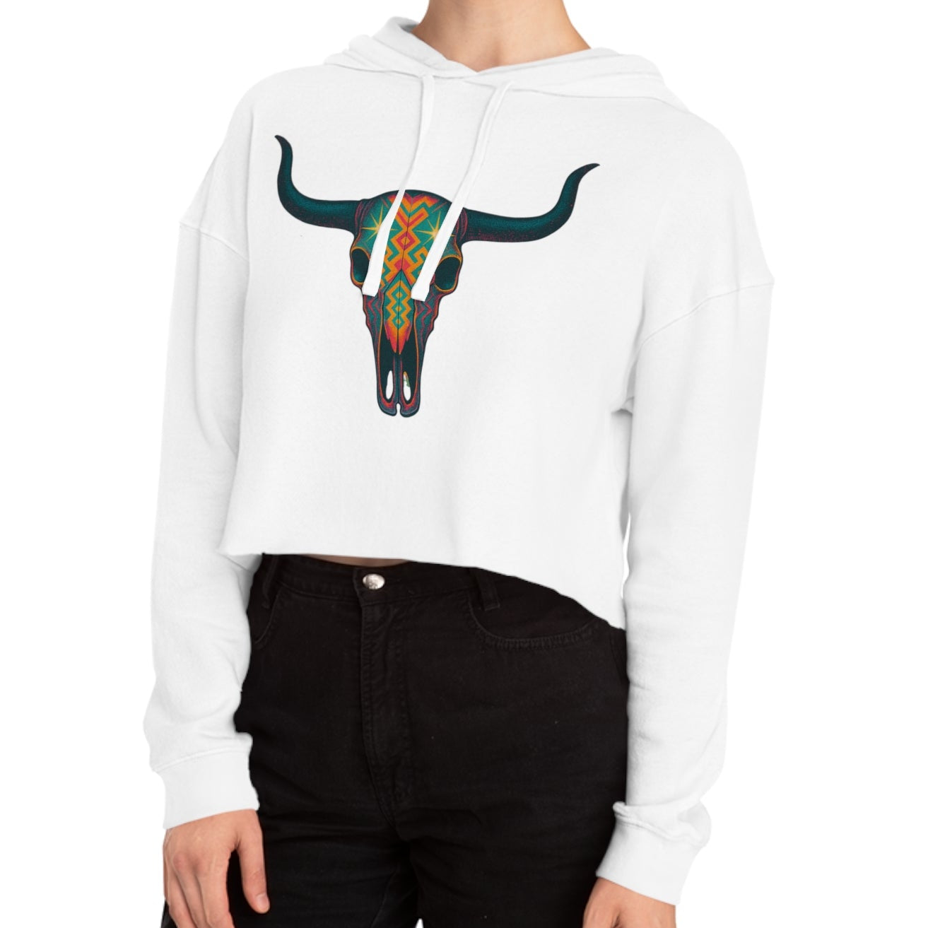 White hoodie with a colorful bull skull design #white