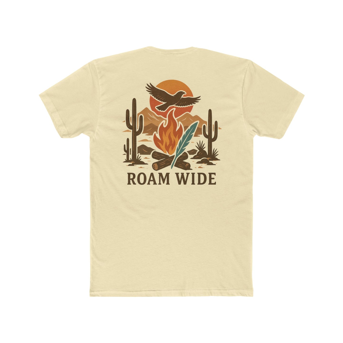 Natural t-shirt with graphic of a campfire, bird, sun, cacti, and mountains in the desert with the words roam wide #natural