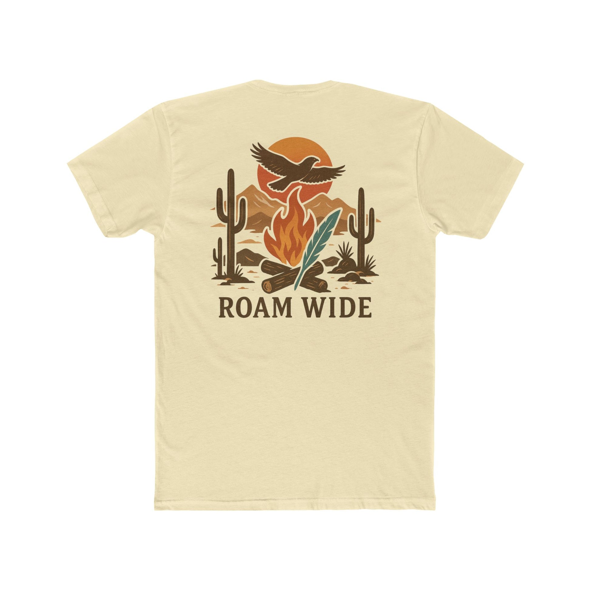 Natural t-shirt with graphic of a campfire, bird, sun, cacti, and mountains in the desert with the words roam wide #natural
