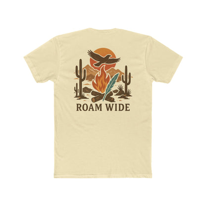 Natural t-shirt with graphic of a campfire, bird, sun, cacti, and mountains in the desert with the words roam wide #natural