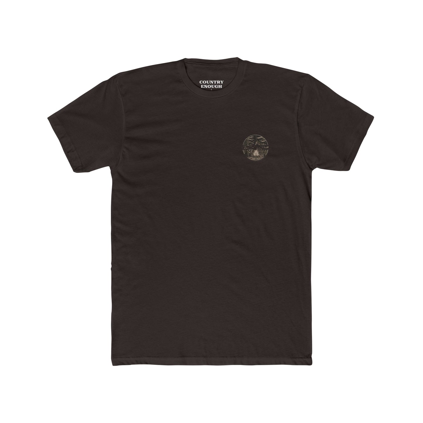 Dark Brown t-shirt with graphic of cowboy and horse sitting at a campfire in a desert landscape #darkbrown