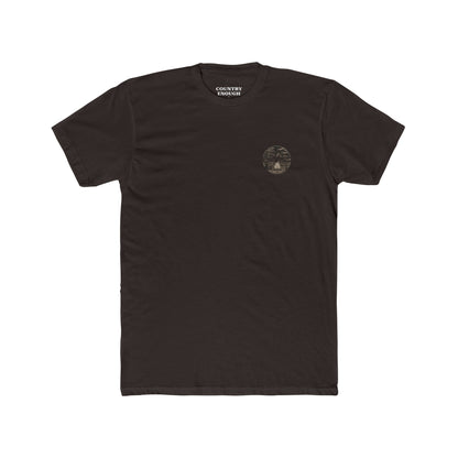 Dark Brown t-shirt with graphic of cowboy and horse sitting at a campfire in a desert landscape #darkbrown