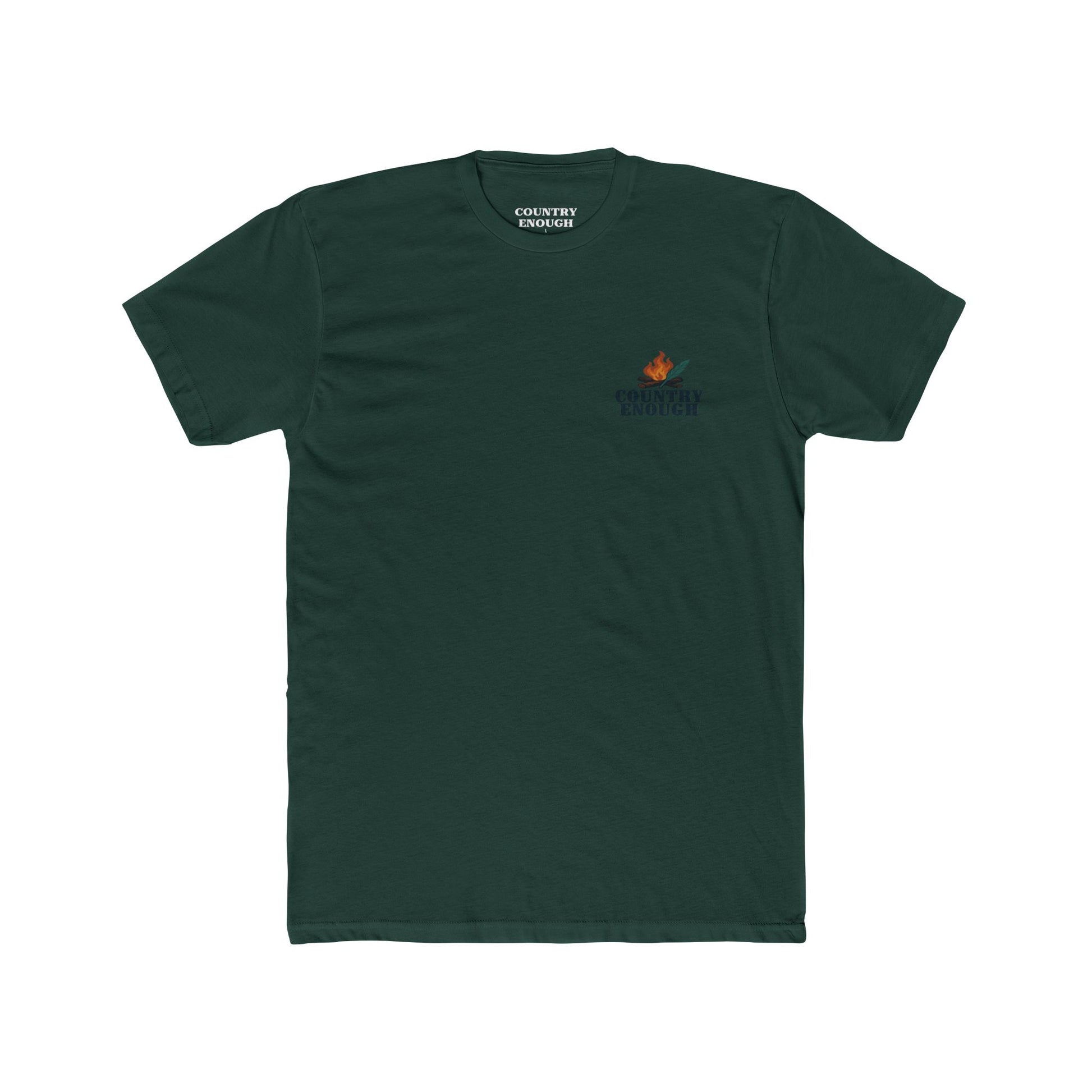 Forest Green t-shirt with graphic of clouds, lightning, bird, a campfire, cacti in a desert landscape #forestgreen
