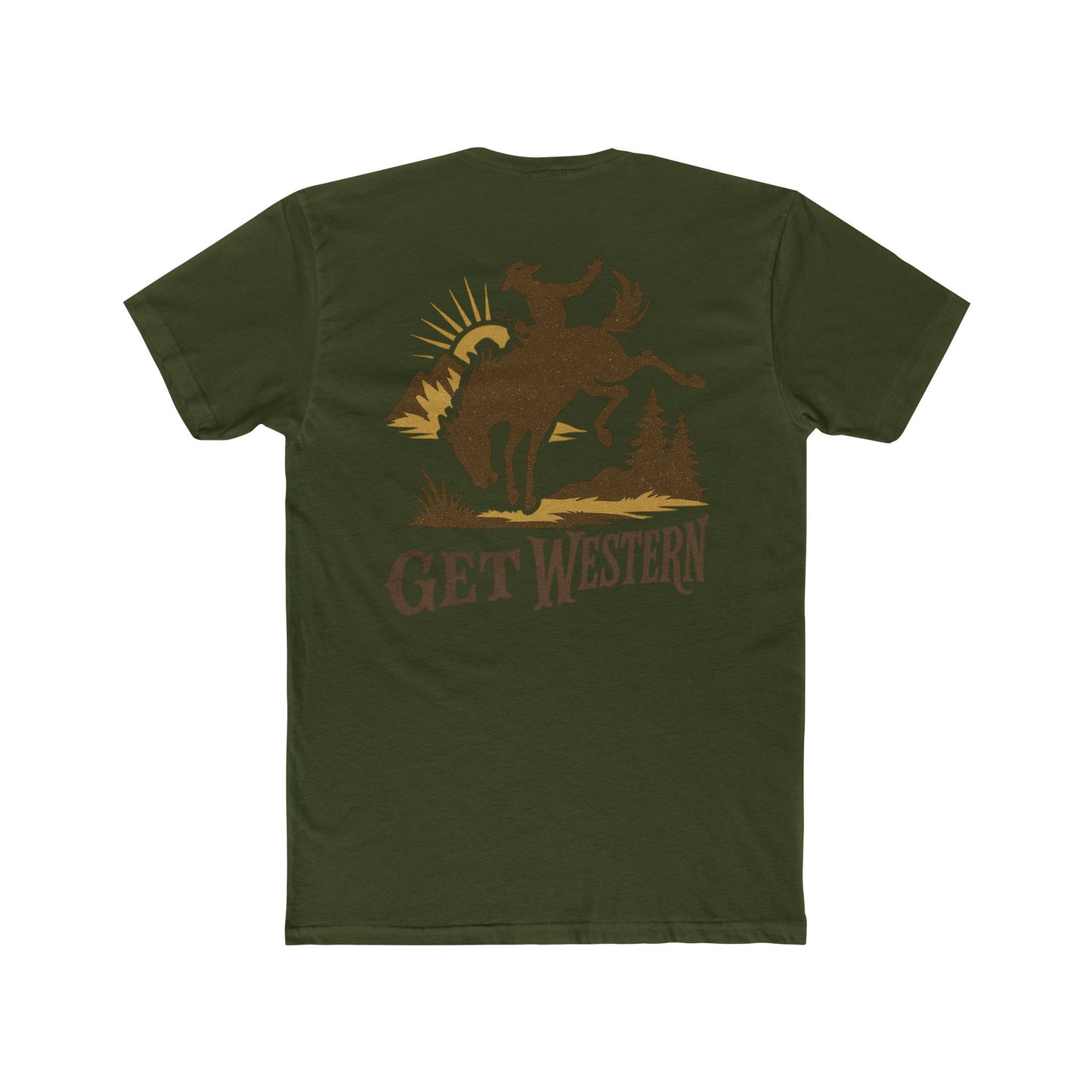 Military Green t-shirt with a graphic of a cowboy on a horse and 'Get Western' text #militarygreen