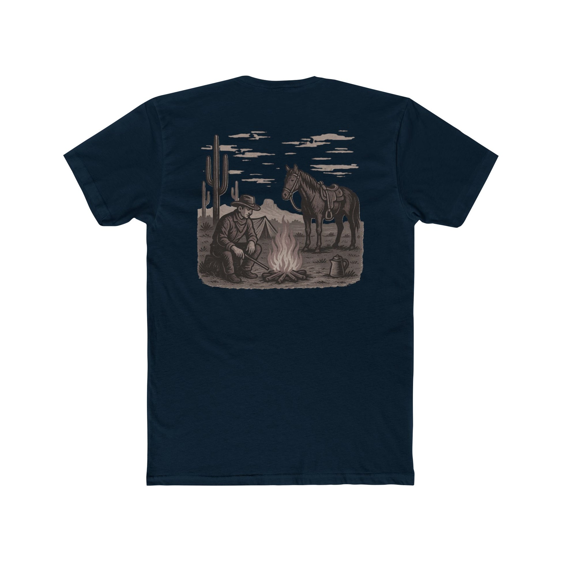 Midnight Navy t-shirt with graphic of cowboy and horse sitting at a campfire in a desert landscape #midnightnavy