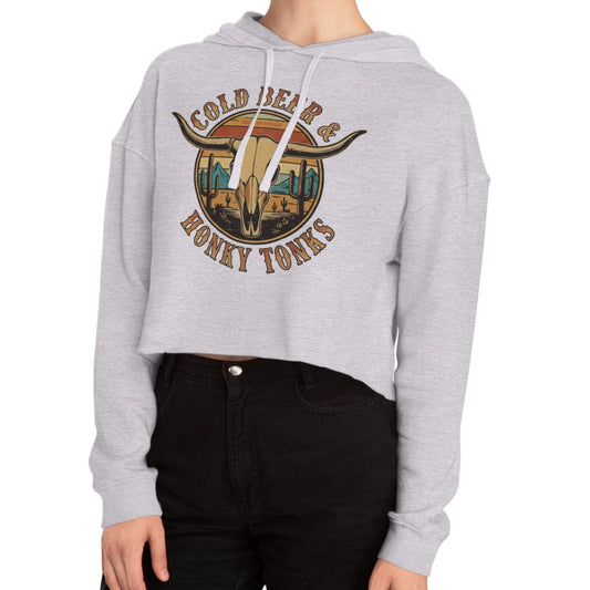 Heather Gray crop hoodie with graphic of longhorn, cacti, and mountains over a retro background with words cold beer and honky tonks #heathergray