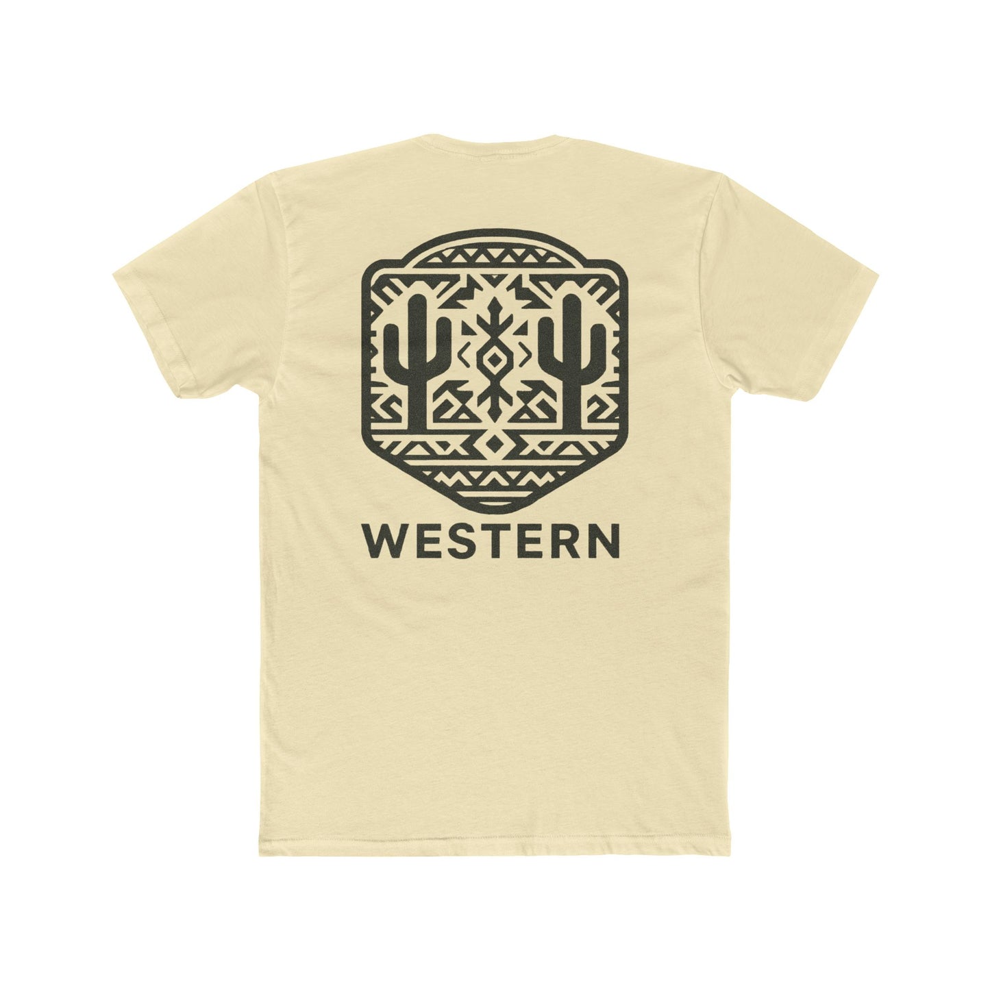 Natural t-shirt with graphic of mirrored cacti surrounded by aztec pattern and enclosed in a geometric border with word western below #natural