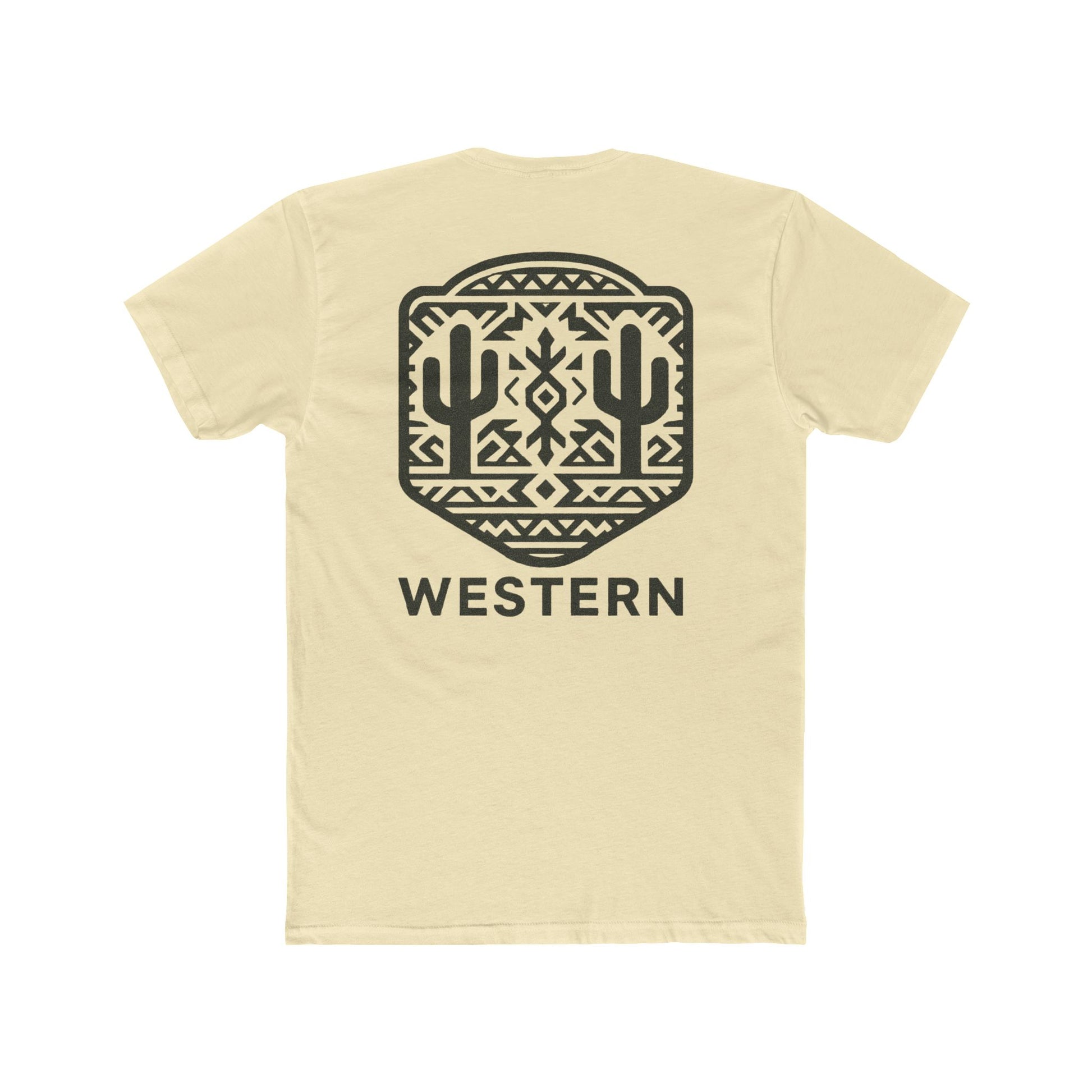Natural t-shirt with graphic of mirrored cacti surrounded by aztec pattern and enclosed in a geometric border with word western below #natural