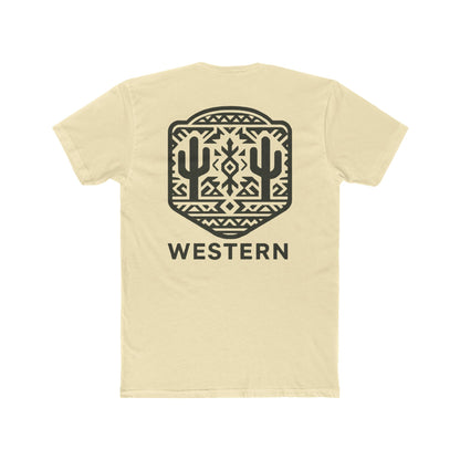 Natural t-shirt with graphic of mirrored cacti surrounded by aztec pattern and enclosed in a geometric border with word western below #natural