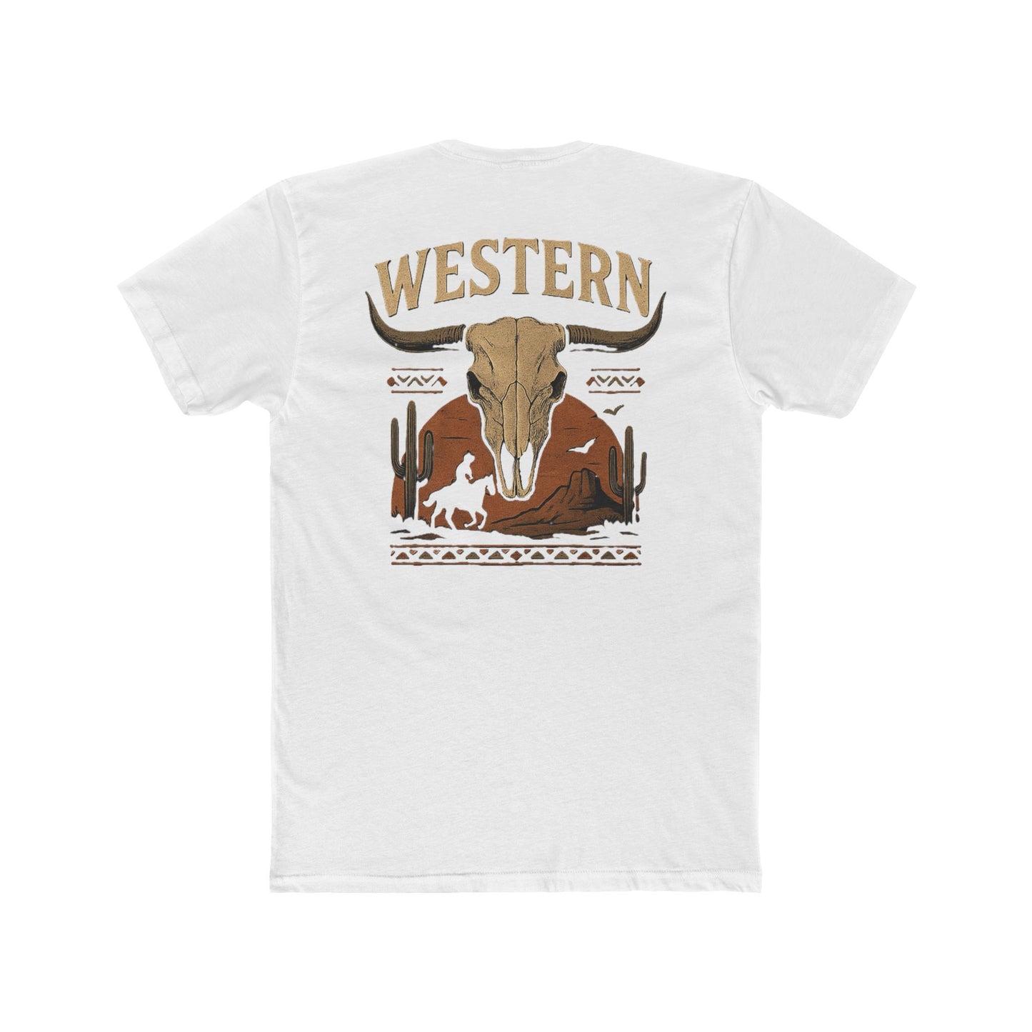 White t-shirt with longhorn skull, aztec print, desert landscape, cacti, and cowboy silhouette with word Western across the top #white