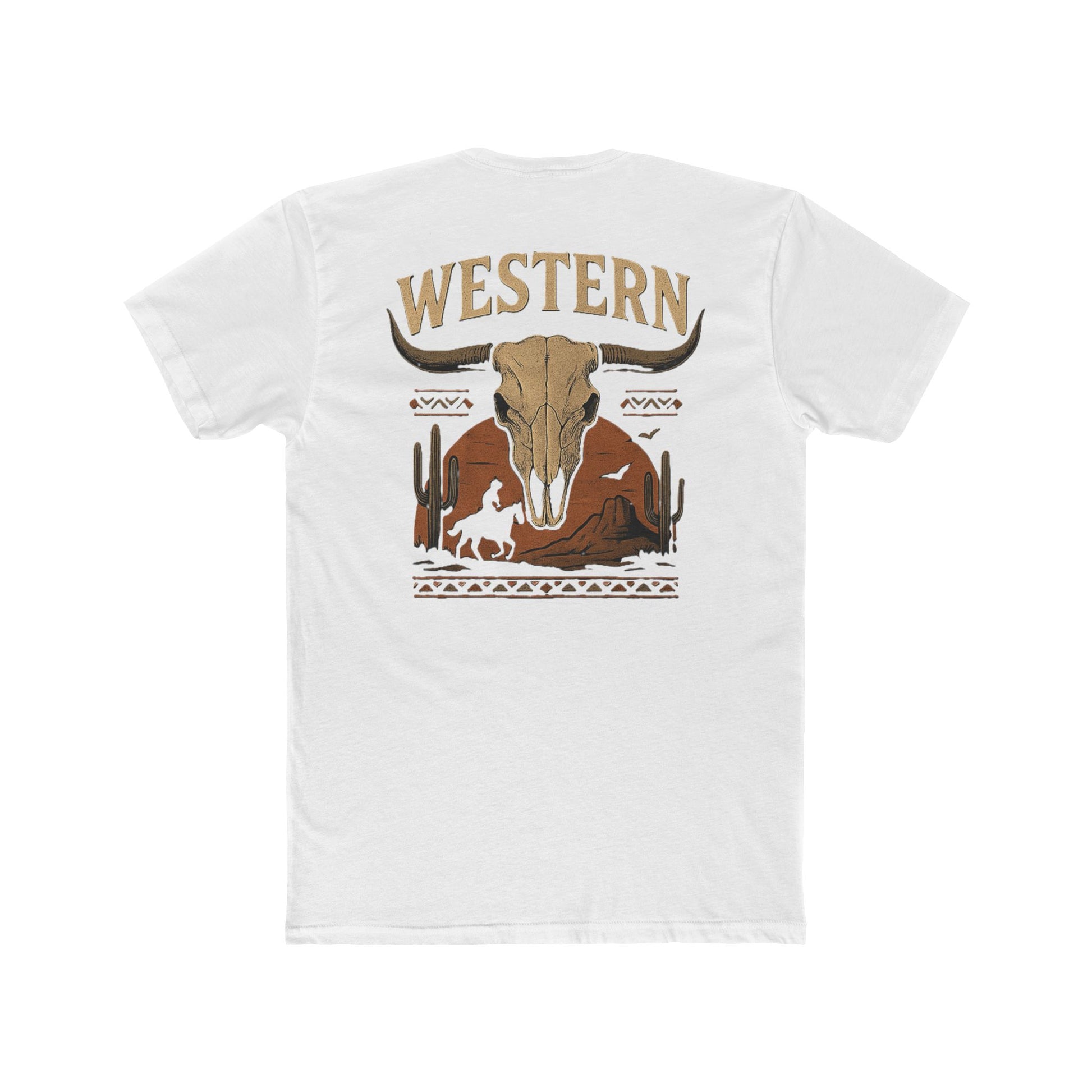 White t-shirt with longhorn skull, aztec print, desert landscape, cacti, and cowboy silhouette with word Western across the top #white