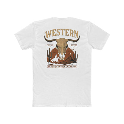 White t-shirt with longhorn skull, aztec print, desert landscape, cacti, and cowboy silhouette with word Western across the top #white