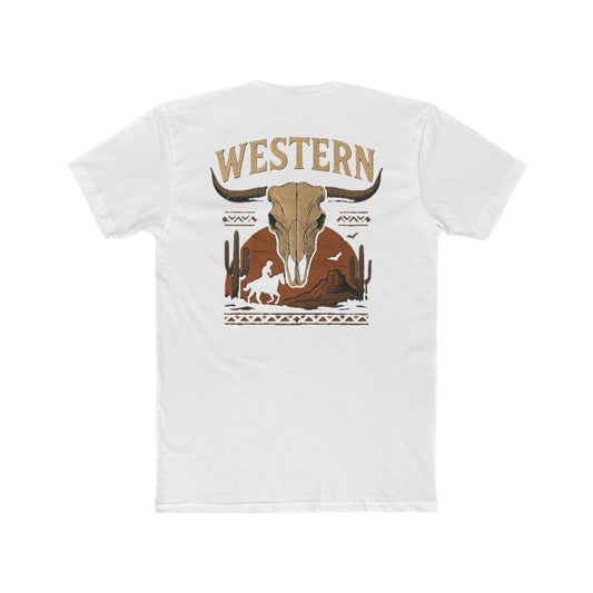 White t-shirt with longhorn skull, aztec print, desert landscape, cacti, and cowboy silhouette with word Western across the top #white