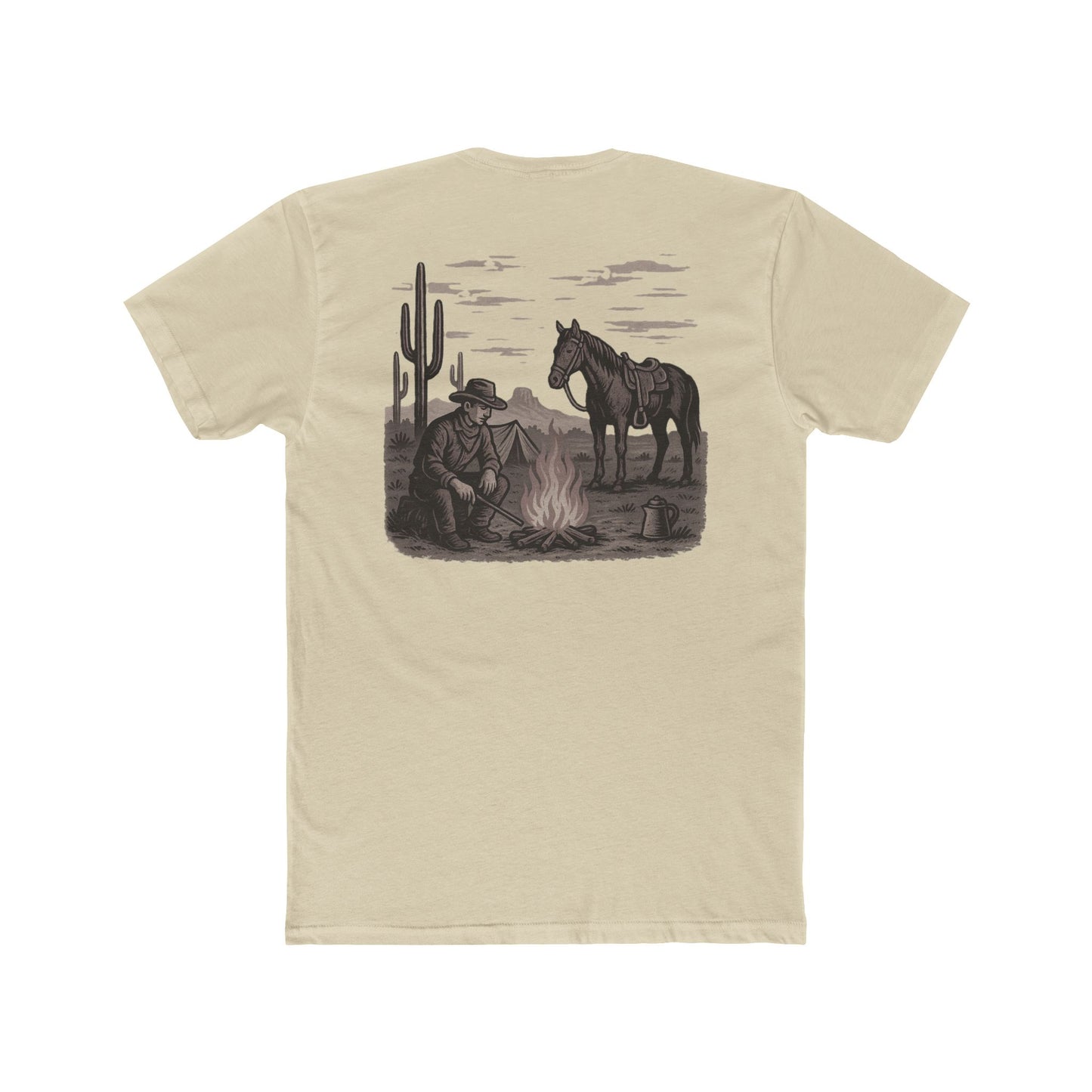 Cream t-shirt with graphic of cowboy and horse sitting at a campfire in a desert landscape #cream