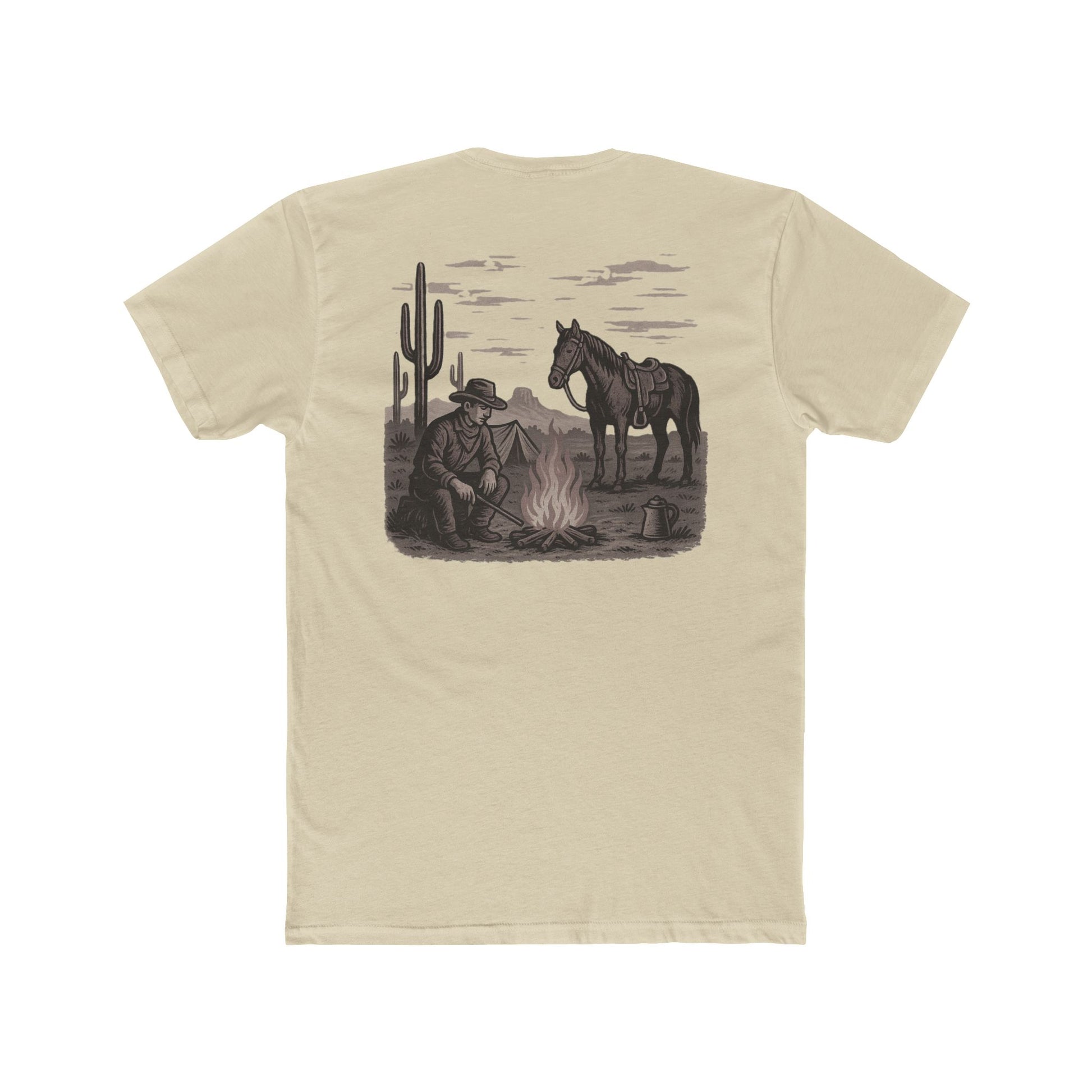 Cream t-shirt with graphic of cowboy and horse sitting at a campfire in a desert landscape #cream