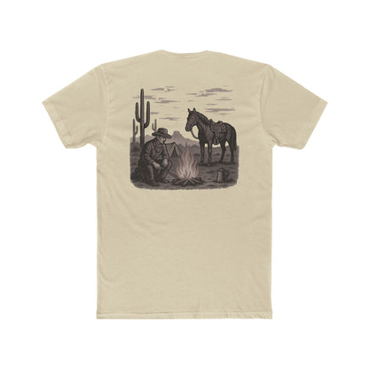 Cream t-shirt with graphic of cowboy and horse sitting at a campfire in a desert landscape #cream