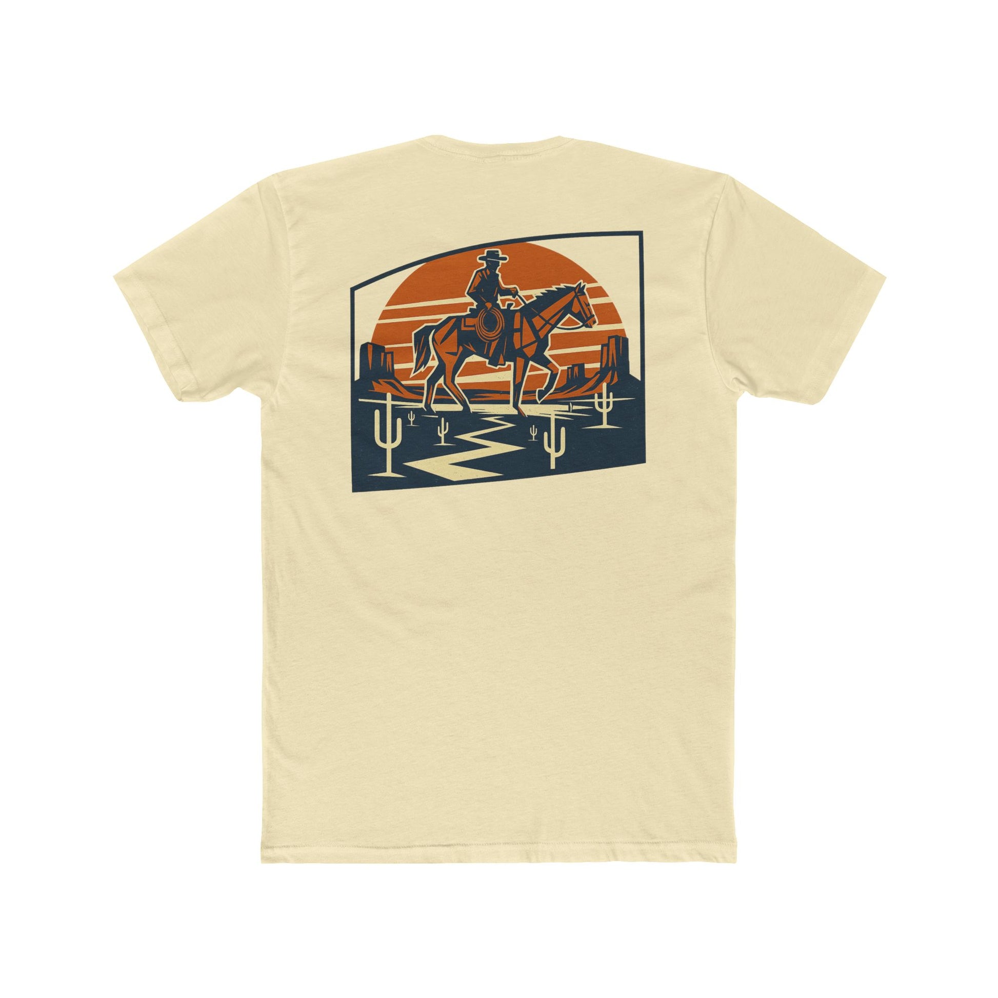 Solid Natural t-shirt with graphic design containing horse and rider, desert, mountains, and cactus #solidnatural