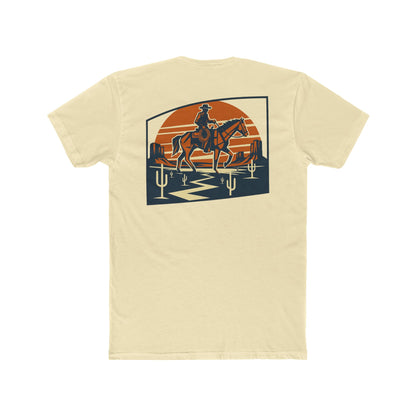 Solid Natural t-shirt with graphic design containing horse and rider, desert, mountains, and cactus #solidnatural