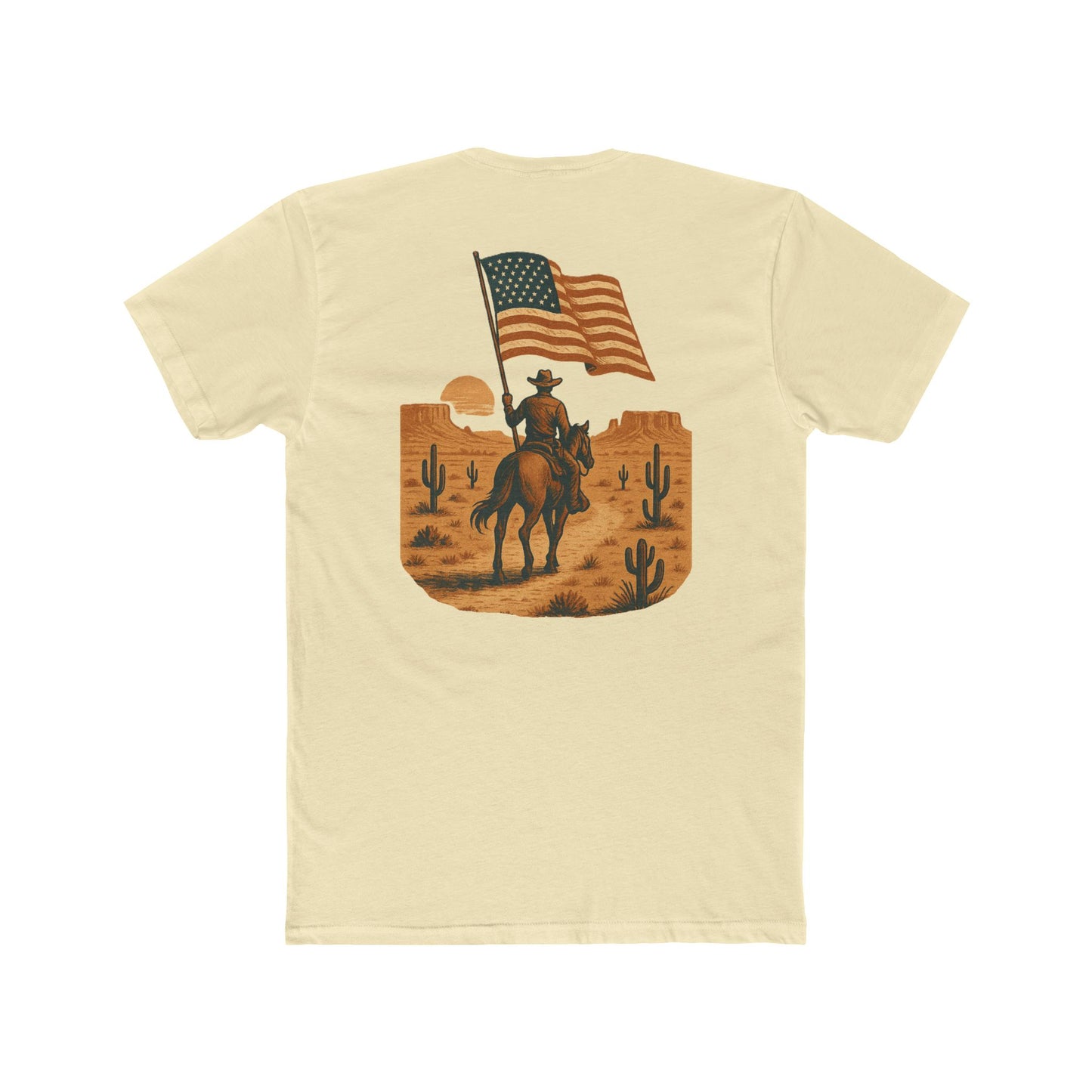 Natural t-shirt with graphic of western horse and rider holding the American flag in the desert with cacti at sunset #natural