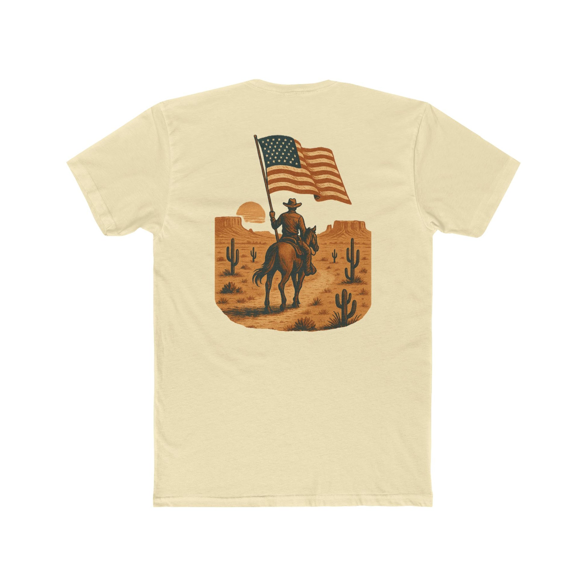 Natural t-shirt with graphic of western horse and rider holding the American flag in the desert with cacti at sunset #natural