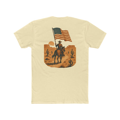 Natural t-shirt with graphic of western horse and rider holding the American flag in the desert with cacti at sunset #natural