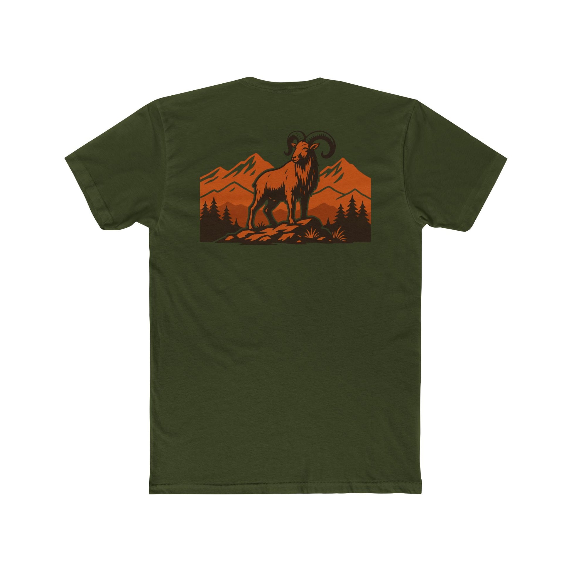 Military Green t-shirt with graphic of an aoudad in the mountains #militarygreen