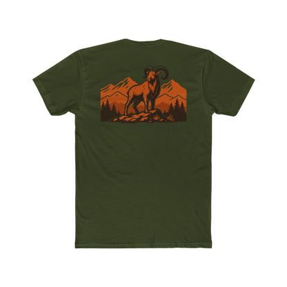 Military Green t-shirt with graphic of an aoudad in the mountains #militarygreen