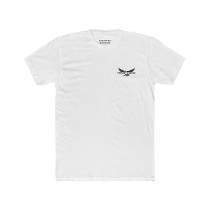 White t-shirt featuring graphic of an eagle, mountains, and the words American Frontier Est 1776 #white