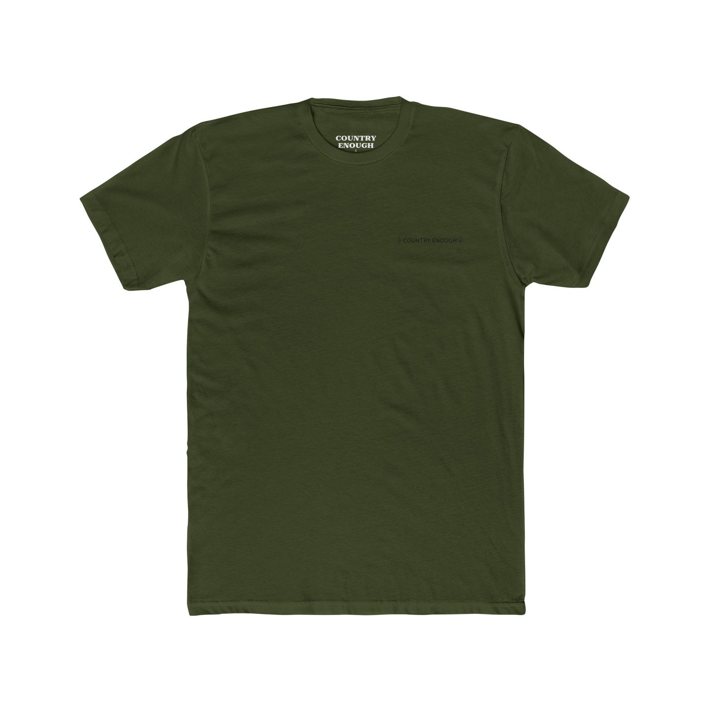 Military Green t-shirt with graphic of a line mountain drawing, cacti and the words Country Enough #militarygreen