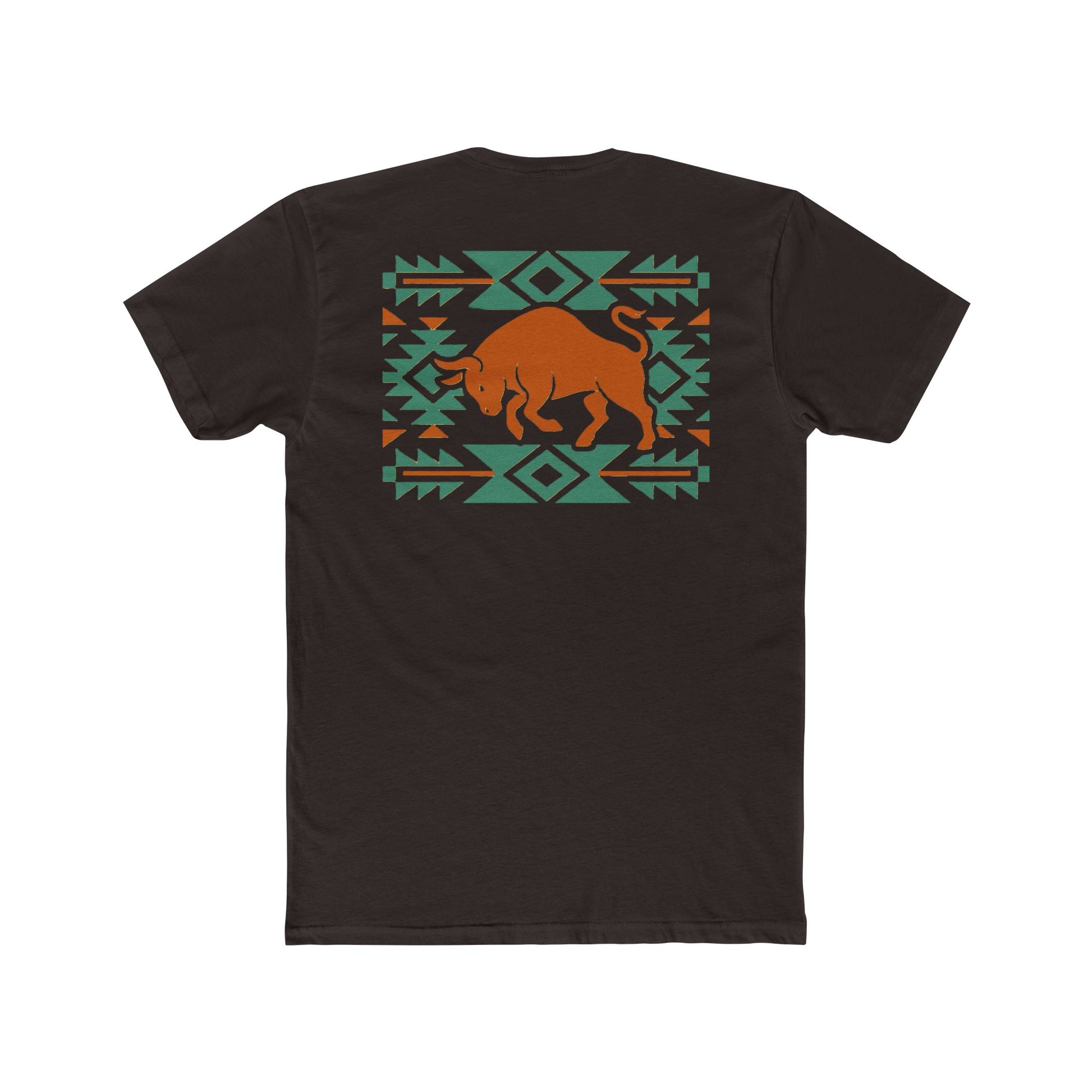 Dark Brown t-shirt with graphic of charging bull surround by aztec pattern #darkbrown