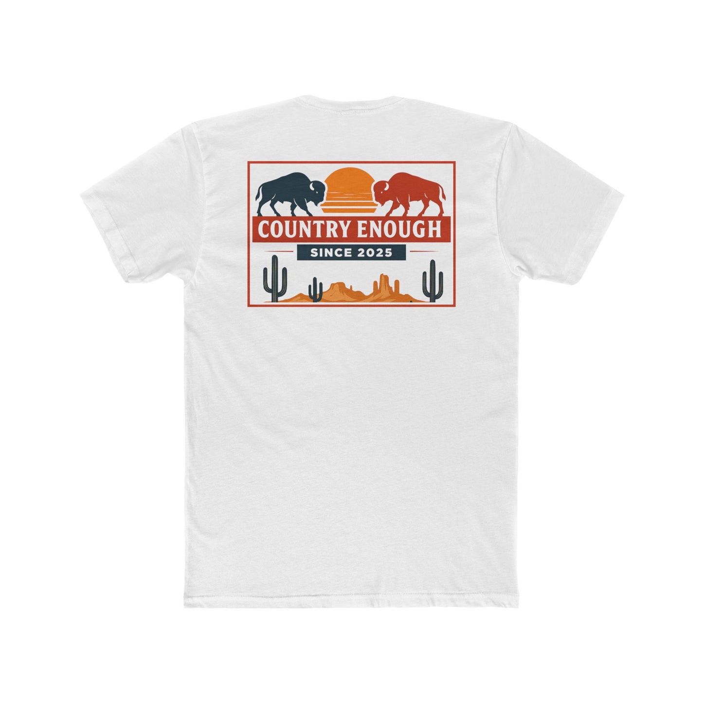 White t-shirt with graphic of mirrored bison in red and blue, sun, desert landscape, cacti, and the words country enough since 2025 #white