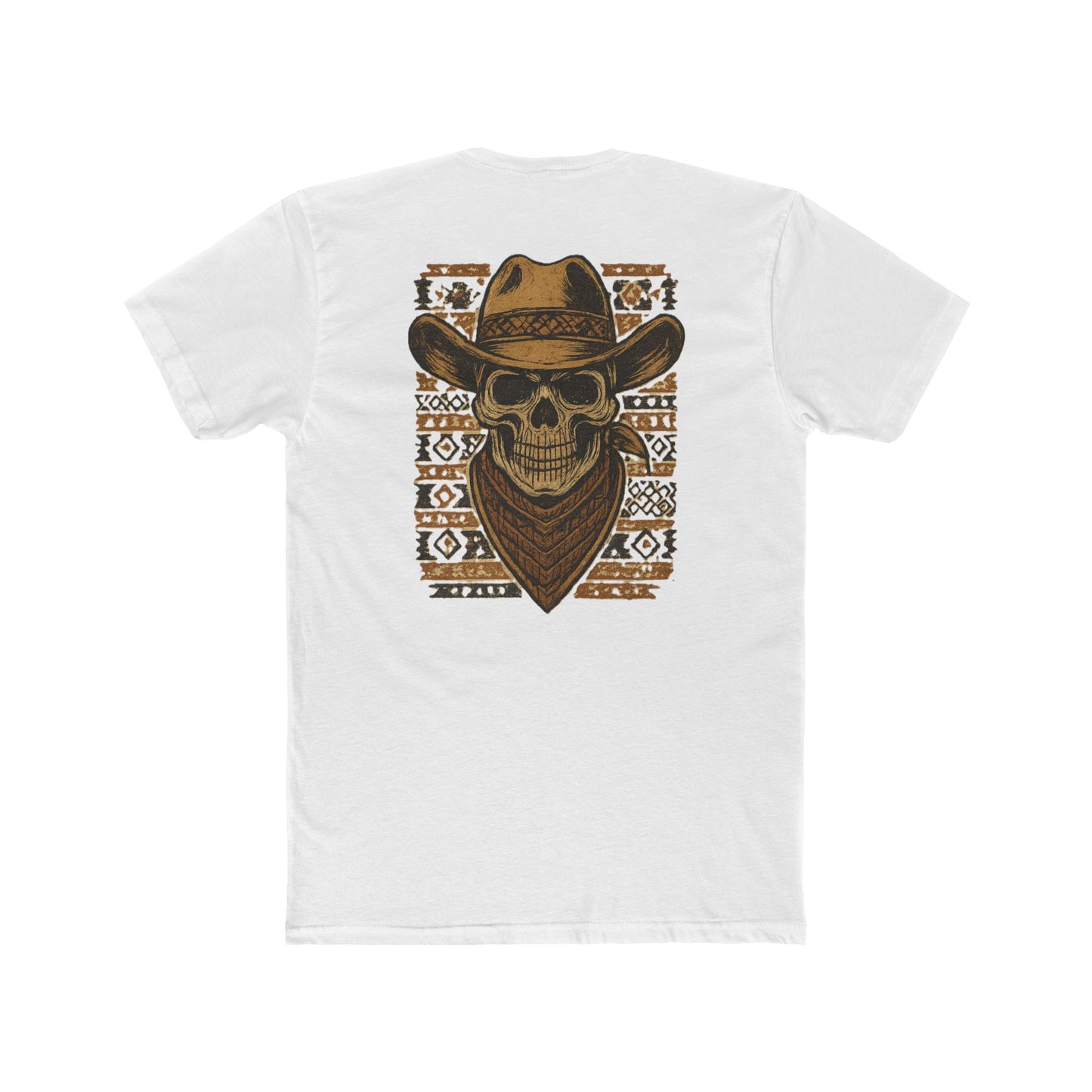 White t-shirt with graphic of a skull with cowboy hat and bandana surround by aztec print #white