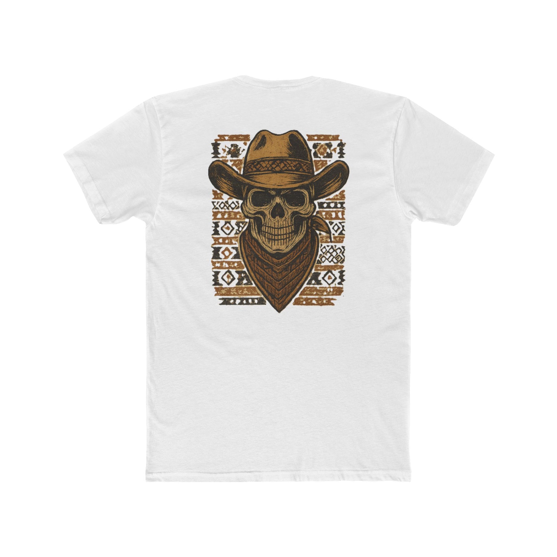 White t-shirt with graphic of a skull with cowboy hat and bandana surround by aztec print #white