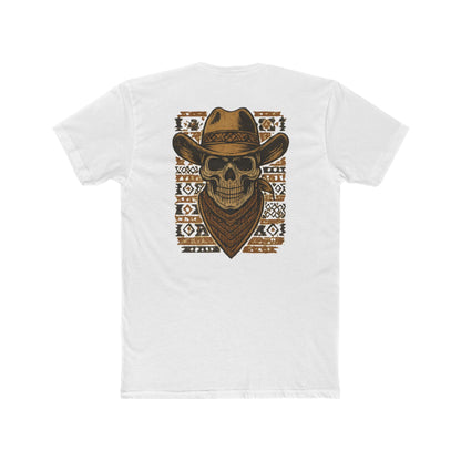 White t-shirt with graphic of a skull with cowboy hat and bandana surround by aztec print #white