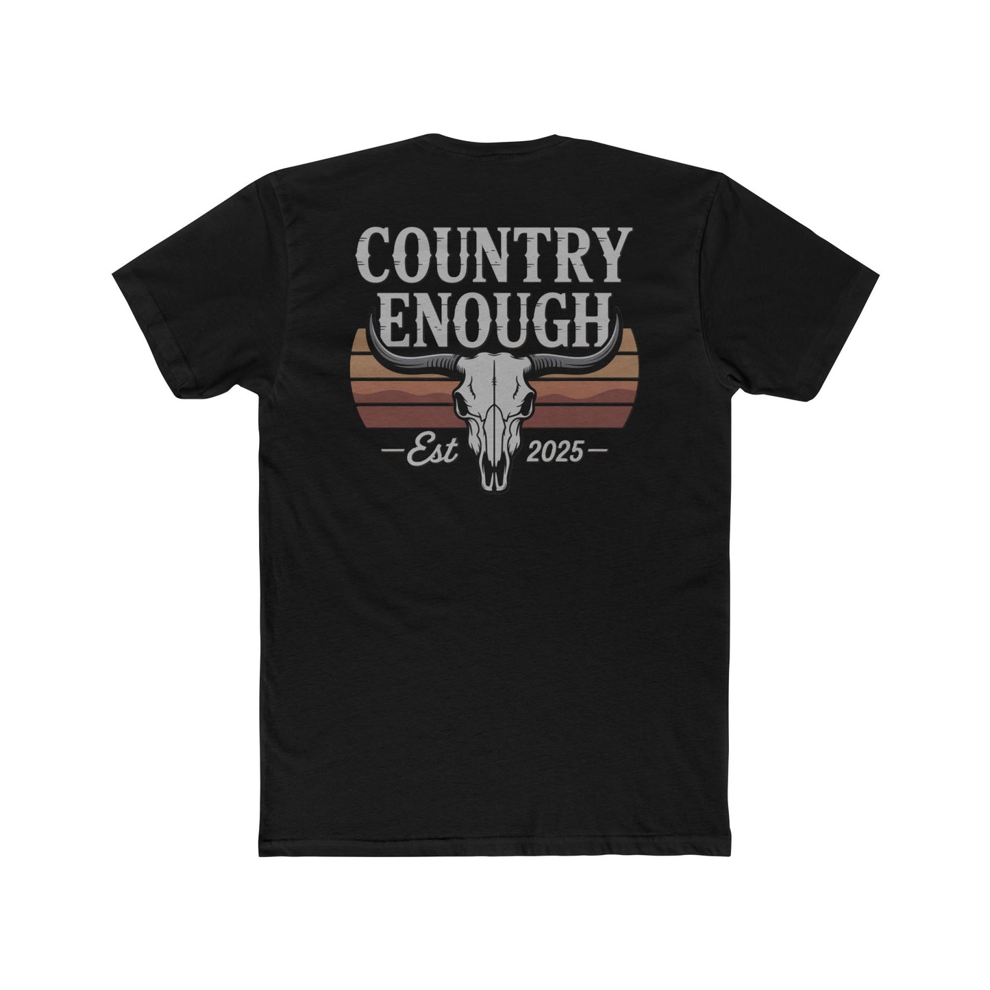 Black t-shirt with vintage retro graphic of a bull skull and words country enough EST 2025 #black