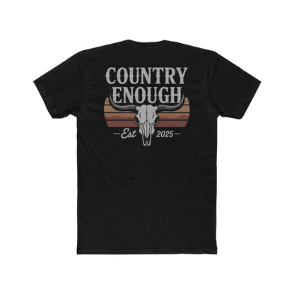 Black t-shirt with vintage retro graphic of a bull skull and words country enough EST 2025 #black