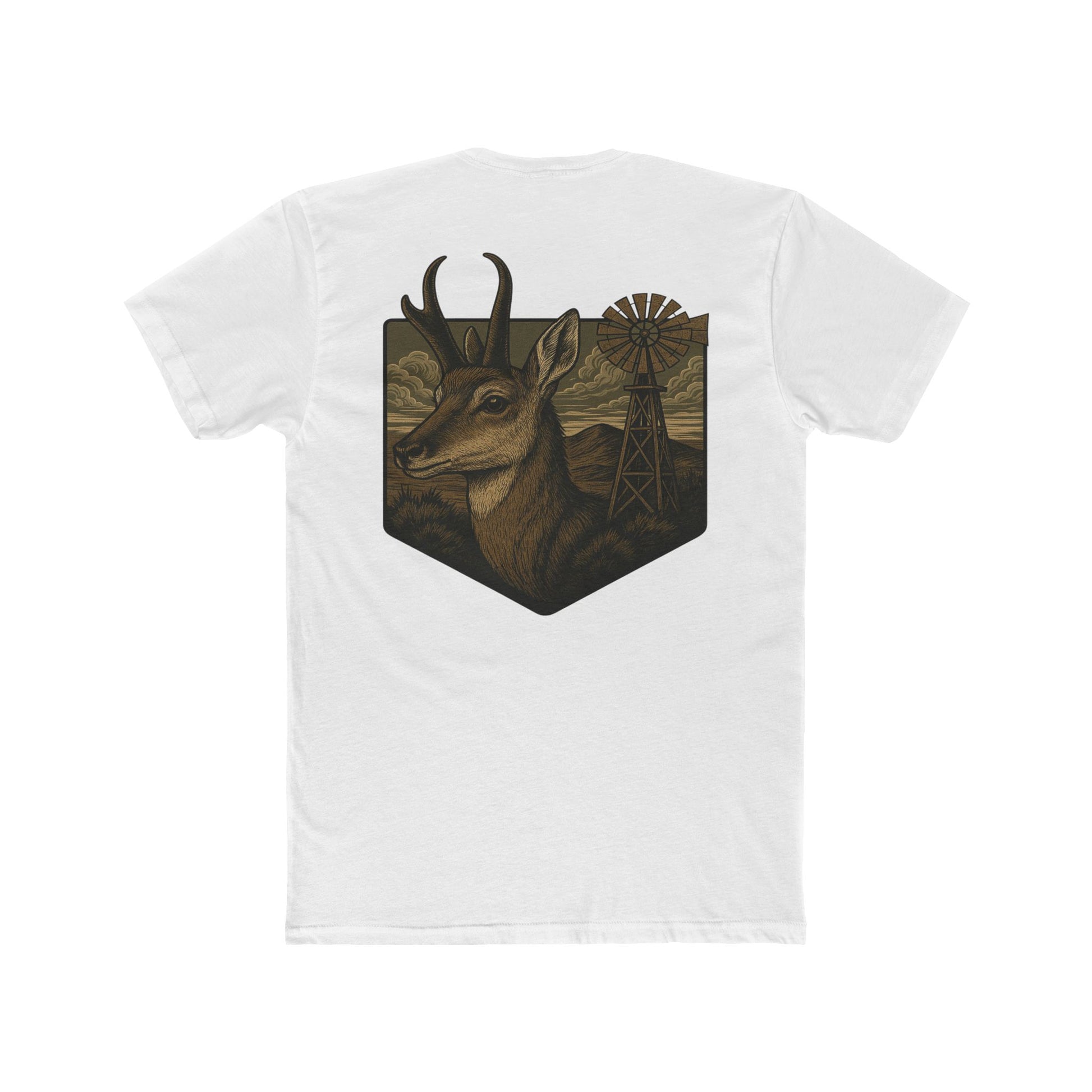 White t-shirt with graphic of pronghorn and windmill over an open range #white