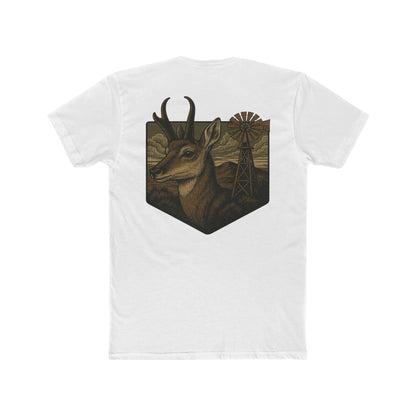 White t-shirt with graphic of pronghorn and windmill over an open range #white