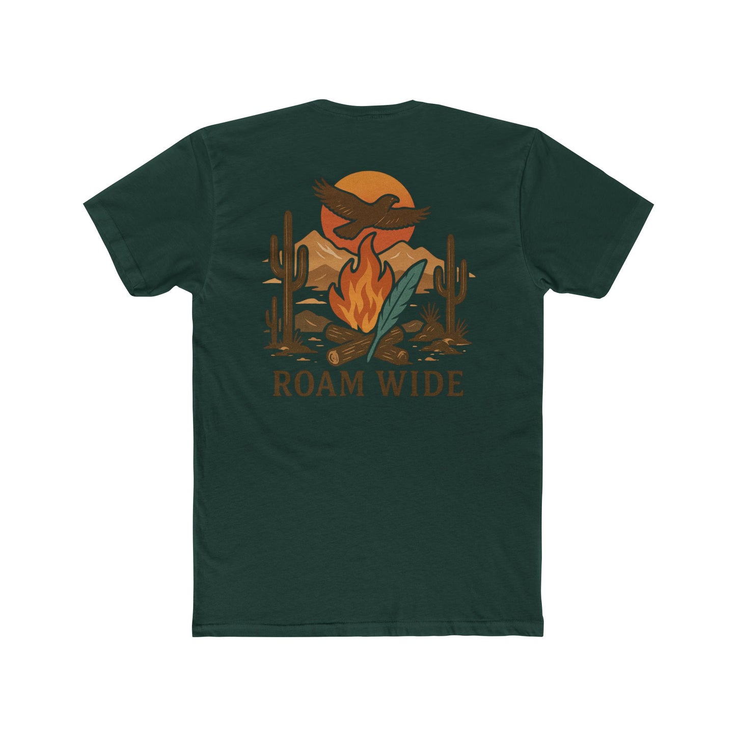 Forest Green t-shirt with graphic of a campfire, bird, sun, cacti, and mountains in the desert with the words roam wide #forestgreen