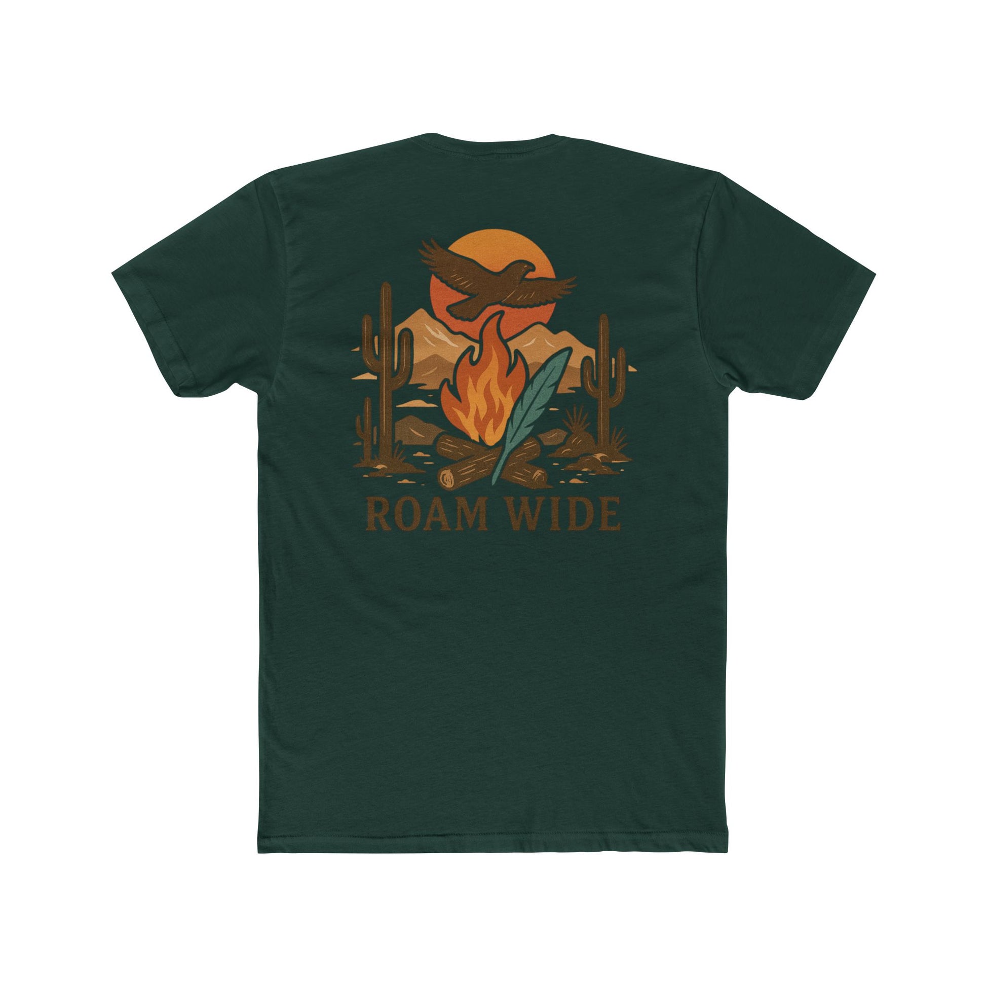 Forest Green t-shirt with graphic of a campfire, bird, sun, cacti, and mountains in the desert with the words roam wide #forestgreen