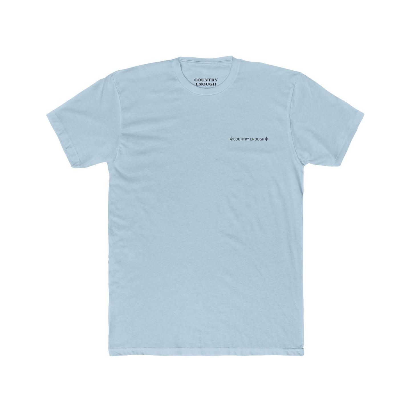Light Blue t-shirt with graphic of a line mountain drawing, cacti and the words Country Enough #lightblue
