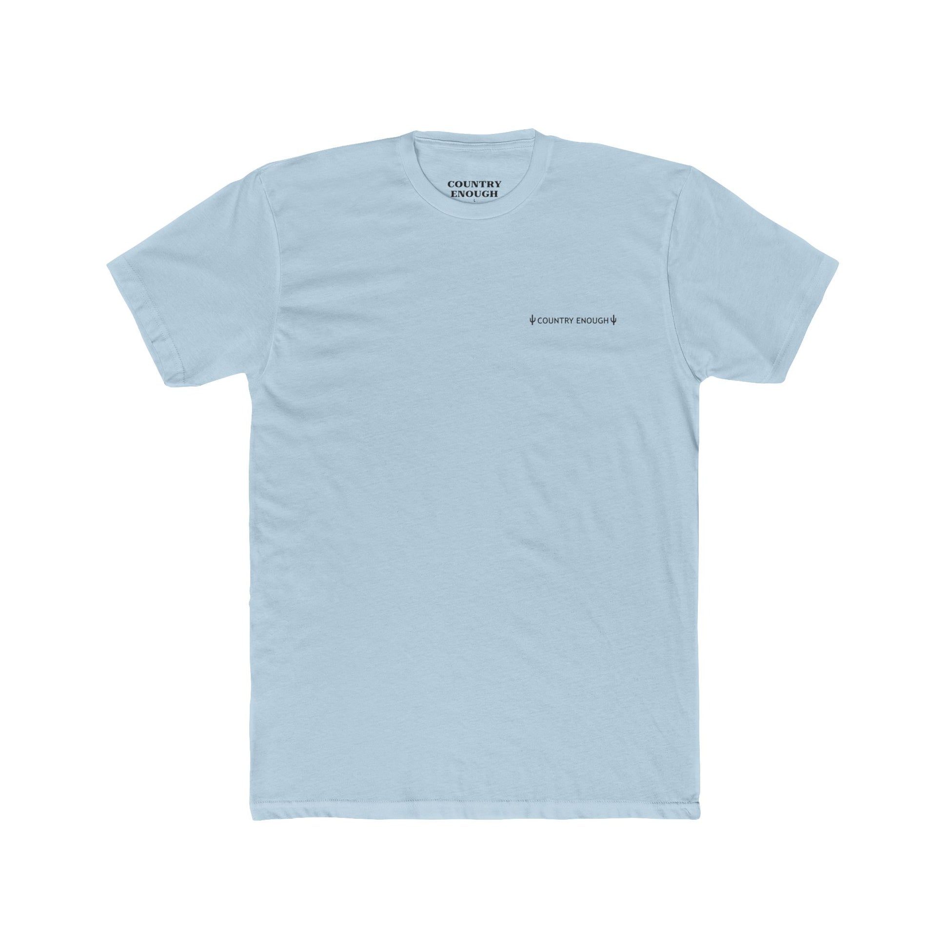 Light Blue t-shirt with graphic of a line mountain drawing, cacti and the words Country Enough #lightblue