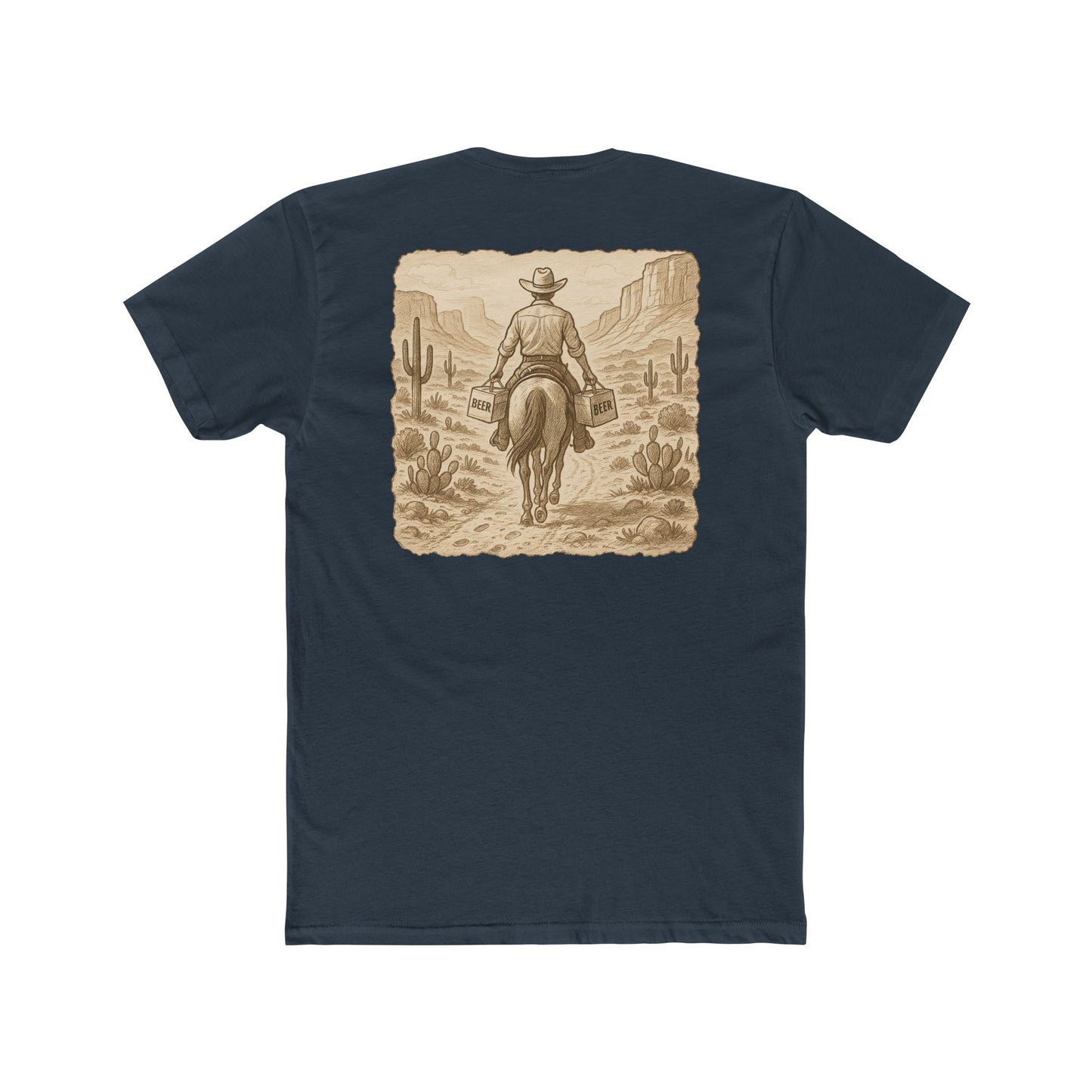 Indigo t-shirt with graphic of cowboy riding a horse through the desert holding two twelve packs of beer #indigo