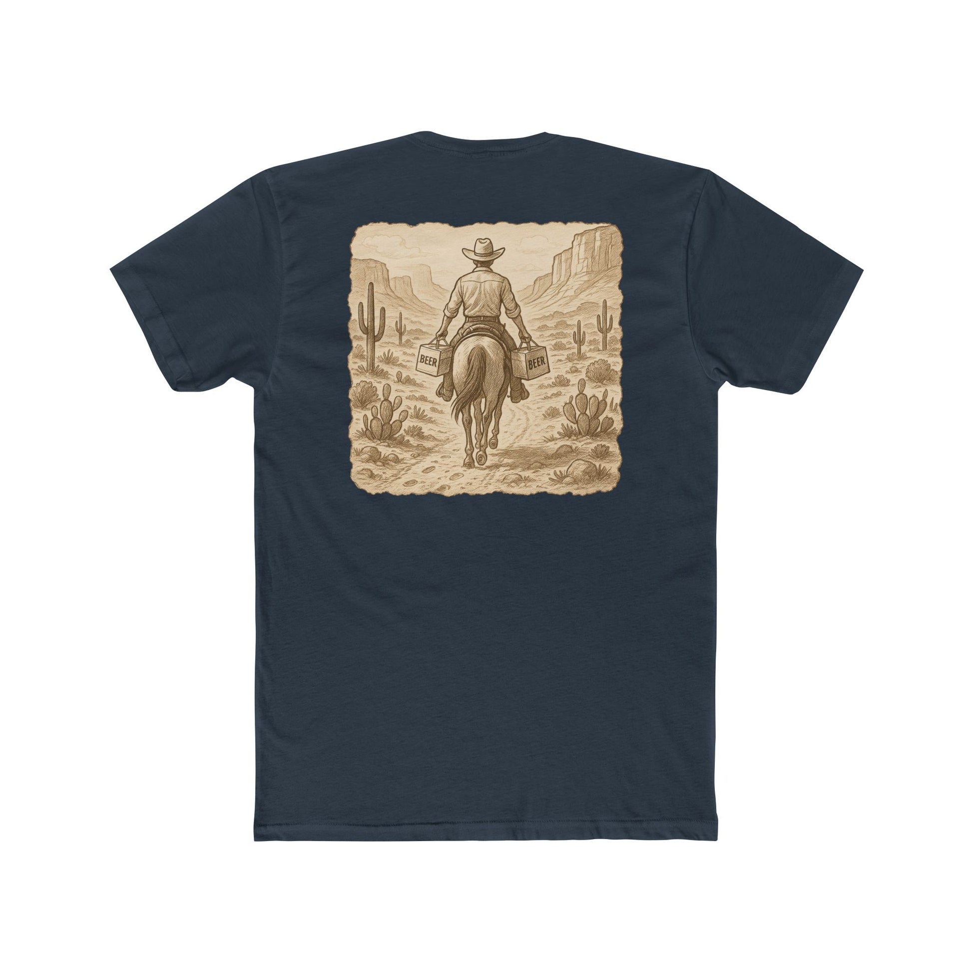 Indigo t-shirt with graphic of cowboy riding a horse through the desert holding two twelve packs of beer #indigo
