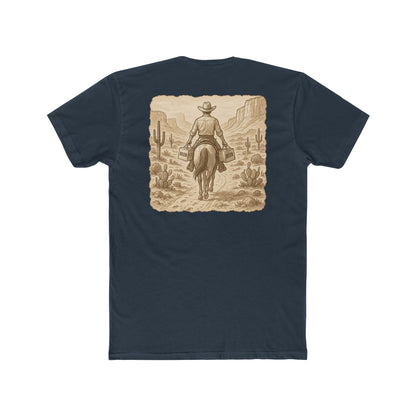 Indigo t-shirt with graphic of cowboy riding a horse through the desert holding two twelve packs of beer #indigo